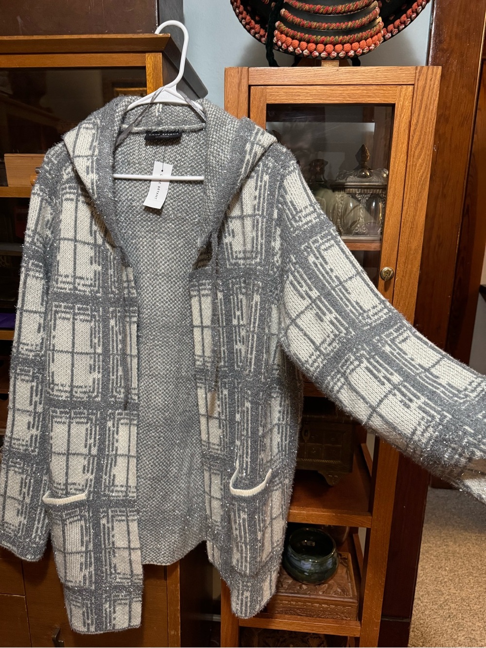Cozy Open-Front Hooded Cardigan Jacket - Silver & Cream